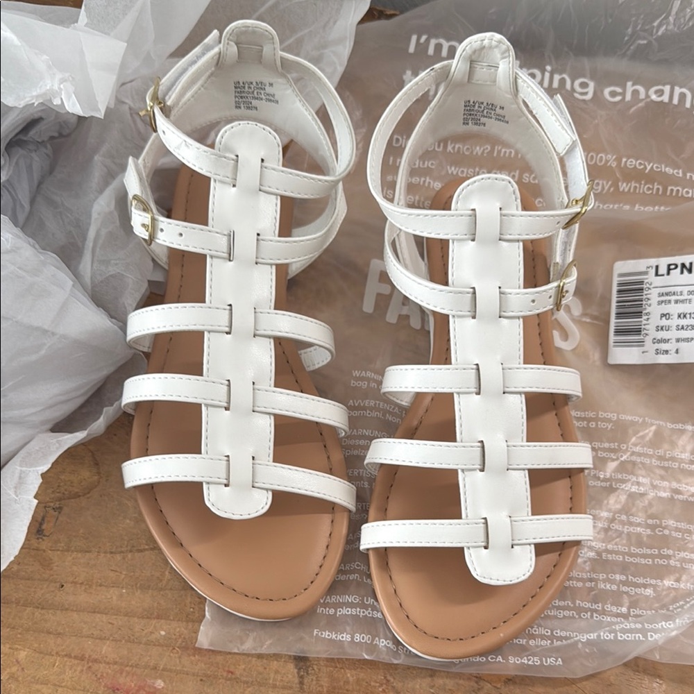 White Strappy Sandals Fabkids Sz 4 velcro straps new with tags